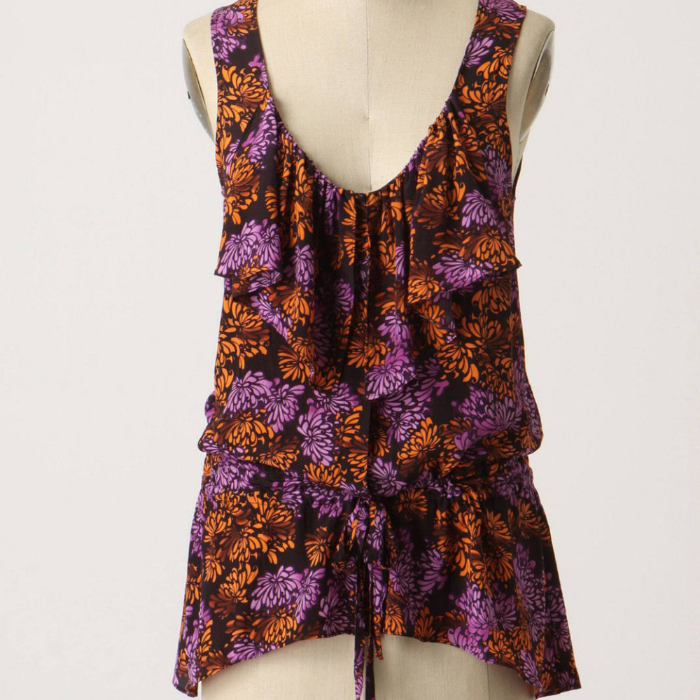 Anthropologie Silk Lightning Tunic By Lil Floral Ruffled Sleeveless Blouse, 10